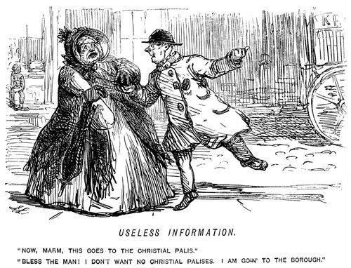 Omnibus conductor trying to get a lady to board a Crystal Palace omnibus when she does not want to go there