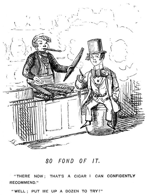 Tobacconist recomending cigars to a buyer