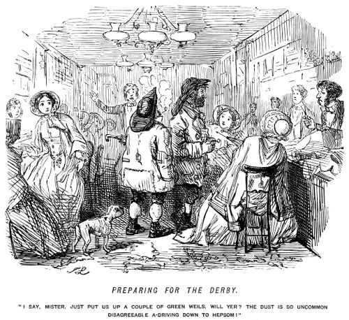 Preparing for the Derby. 'I say, mister, just put us up a couple of green weils, will yer? The dust is so uncommon disagreeable a-driving down to Hepsom!'