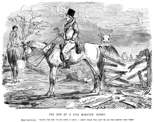Stout gentleman: 'That's the way to get over a gate! I don't think you left me so far behind that time.'