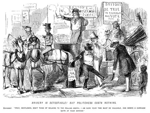 Bribery is detestable! But politeness costs nothing. - Canvasser offers two men a carriage to the polling booth