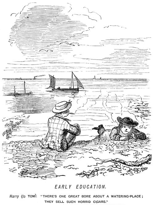 Two young boys an the beach criticising the quality of cigars in watering places