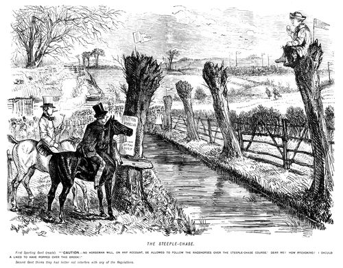 The steeple-chase. Man reads a sign stating that no horseman is allowed to follow the racehorses over the course.