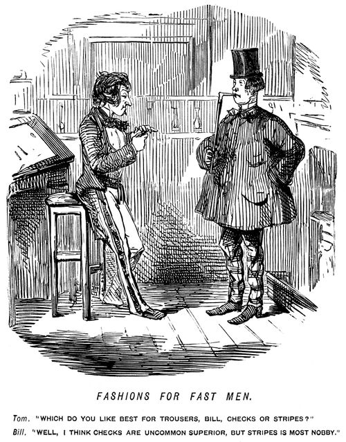 Fashionable men discussing whether stripes or checks is the best pattern for trousers