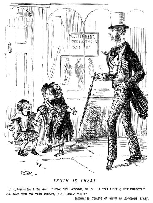 Girl warns little boy that she will give him to a 'great, big ugly man', refering to a fashionably dressed swell passing by