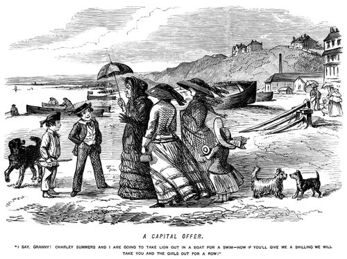 Boys offering to take women out in a rowing boat for the price of a shilling