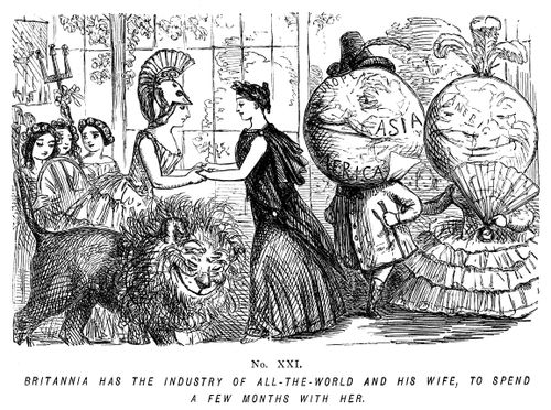 Memorials of The Great Exhibition - 1851. No. XXI. - Britannia has the industry of all-the-world and his wife, to spend a few months with her