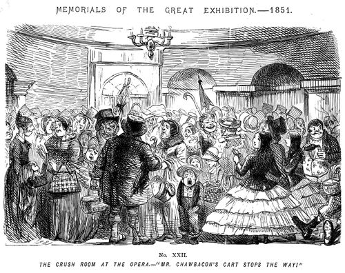 Memorials of The Great Exhibition - 1851. No. XXII - The crush room at the opera. - 'Mr. Chawbacon's cart stops the way!'