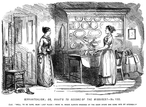 Servant reproaching mistress for not knocking before she entered the kitchen