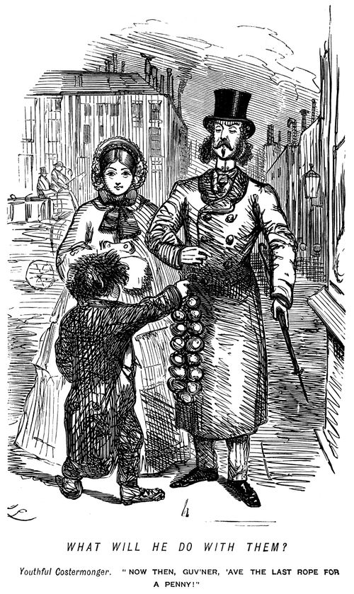 Young costermonger trying to sell to a gentleman.