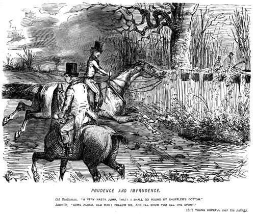 Prudent old gentlman avoiding a dangerous jump whilst an imprudent juvenile takes it on