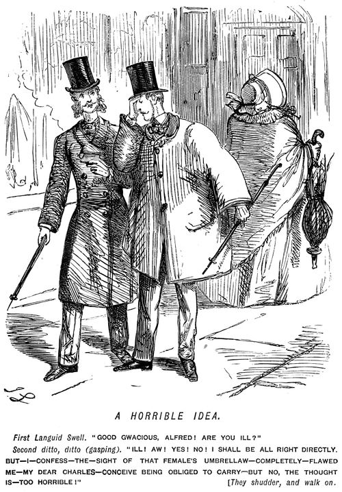 Swells shocked at the sight of an unfashionably bulky umbrella