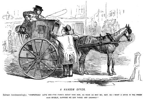 Cabman offering a reduced fare to Hampstead because he feels like a drive in the fresh air