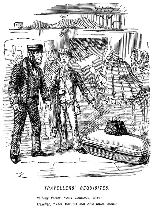 Man at a railway station with a giant cigar case and a carpet bag.