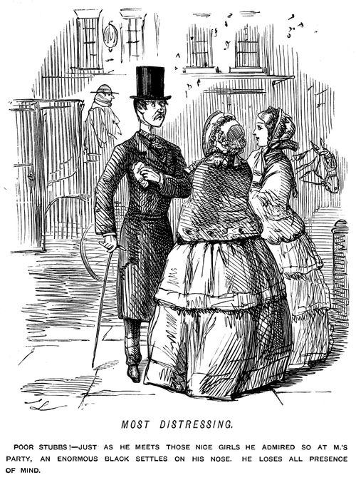 An insect lands on a young man's nose just as he is about to talk to some girls.