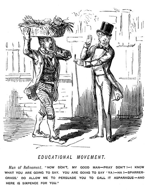 Man of refinement trying to teach a street salesman to say 'asparagus' rather than 'sparrow-grass'