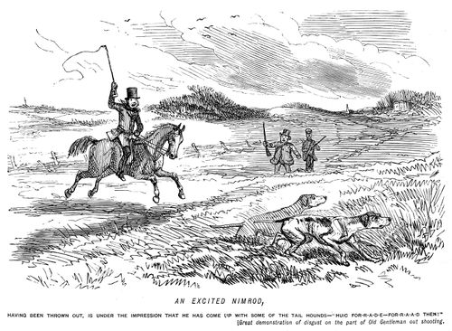 Man who has lost the hunt mistakes a gentleman's shooting dogs for some of the hounds.