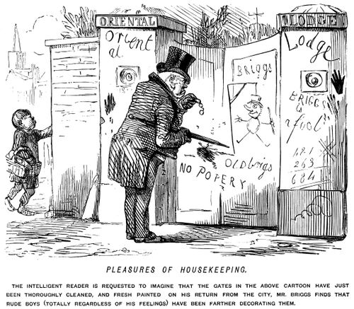 Mr. Briggs finds that his newly painted gates have been drawn all over by rude boys.