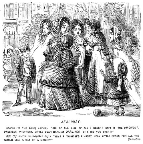 Crowd of ladies giving attention to a baby whilst a jealous boy looks on.