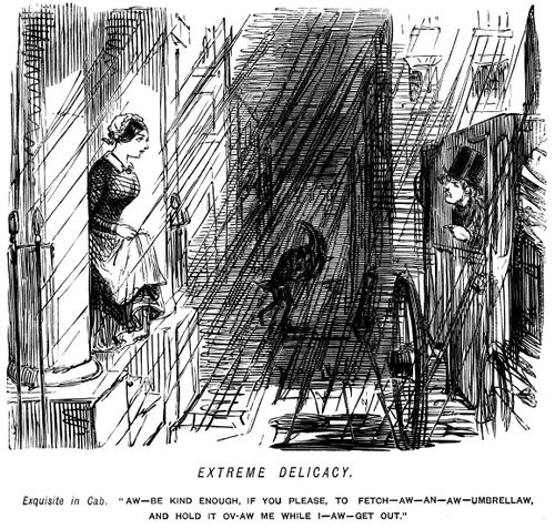 Delicate man in carriage asking a maid to fetch an umbrella and hold it over him as he gets out.