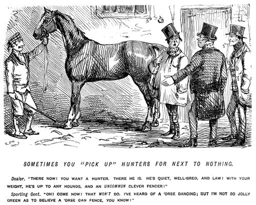 Sporting gent buying a hunting horse from a horse dealer.