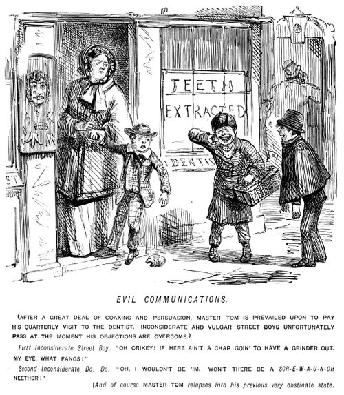 Street boys teasing a boy entering the dentist.