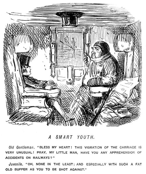 Portly old gentleman and youth in a train carriage.