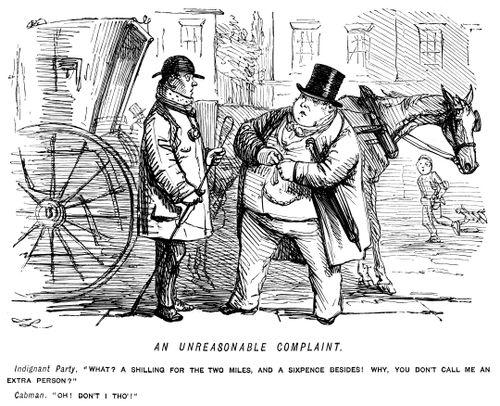 A fat passenger is charged for an extra person by a cabby.