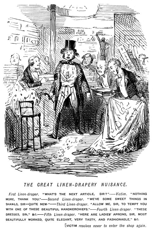 Linen drapers trying to sell thier wares to a customer.