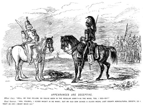 Yeoman wearing a medal won by his horse at the last county agricultural society.