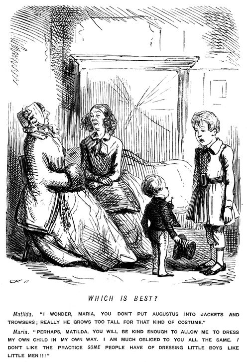A mother who dresses her young boy in man's clothes and one who dresses her older boy in shildren's clothes.
