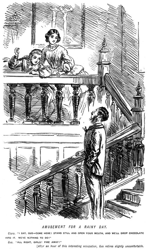 Amusement for a rainy day. - girls attempt to drop a chocolate into a man's open mouth for an hour.