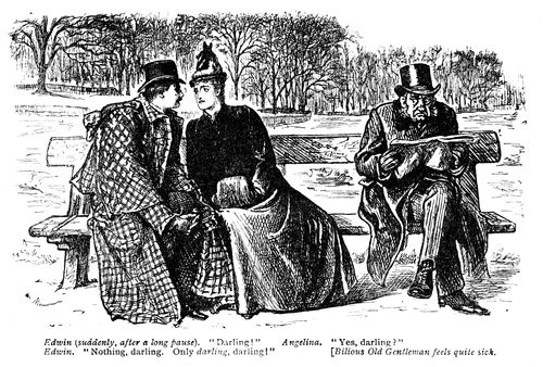 Romantic young couple on a bench next to a bilious old man.