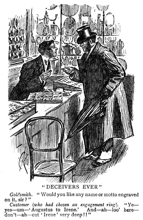 Man buying an engagement ring and asking for the lady's name not to be engraved too deep.