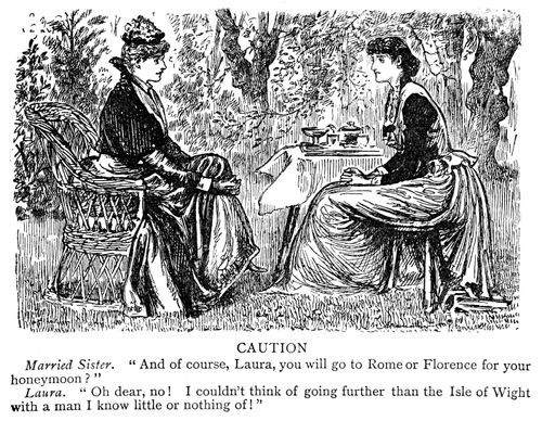 Married sister asking engaged sister where she will go on honeymoon.