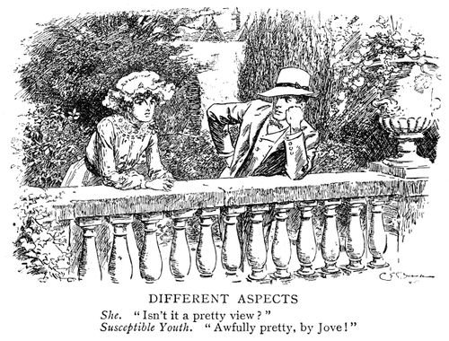 She. 'Isn't it a pretty view?' Susceptible Youth. 'Awfully pretty, by Jove!'