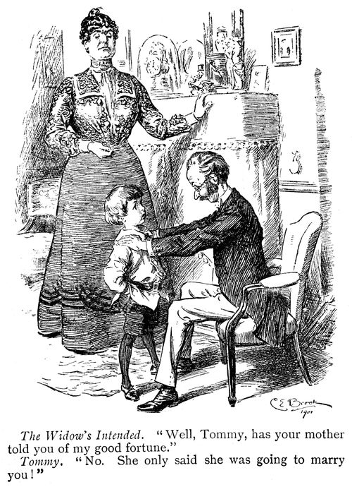 The widow's intended: 'Well, Tommy, has your mother told you of my good fortune.' Tommy: 'No. She only said she was going to marry you!'