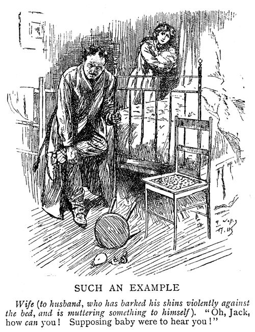 Woman telling her husband not to swear in front of the baby.