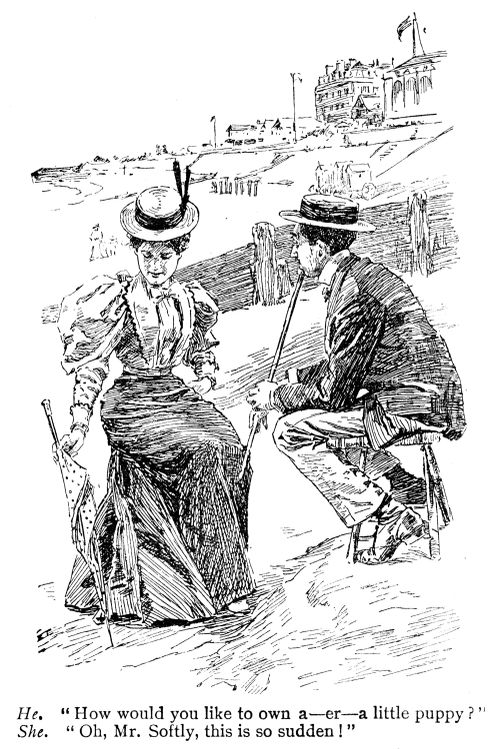 He. 'How would you like to own a--er--a little puppy?' She. 'Oh, Mr. Softly, this is so sudden!'