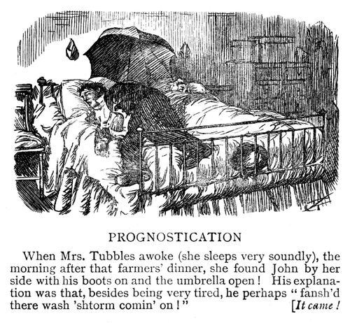 Woman awakes to find her drunk husband has gone to bed with his clothes on and umbrella open.