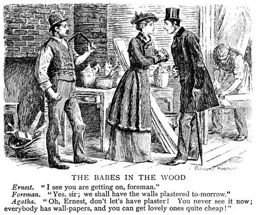 Lady convincing her husband to have wallpaper instead of plaster.