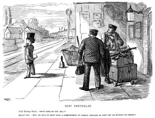 Small boy at a railway station says he requires a compartment to hisself because he has to smoke