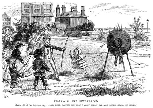 Children using thier aunt's round hat as a target for archery,
