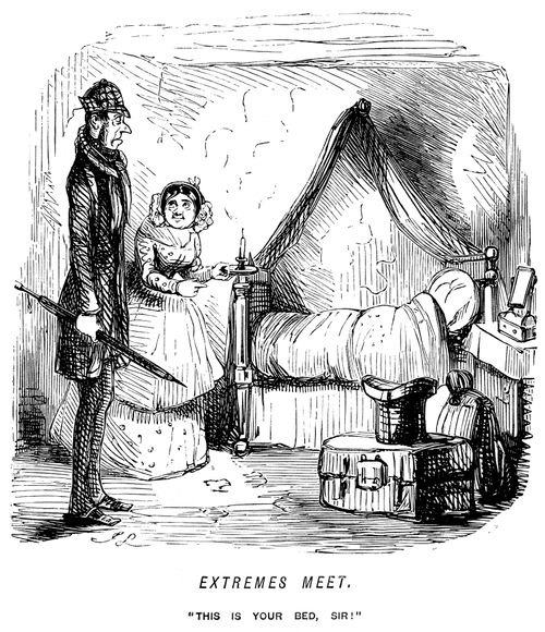 Extremes meet - A very tall guest is shown to a short bed.