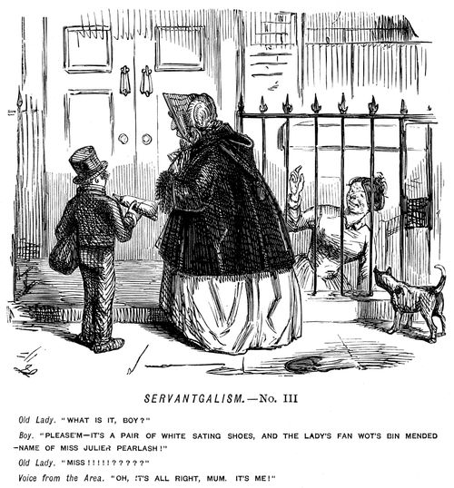 Boy delivering satin shoes and a mended fan for a servant