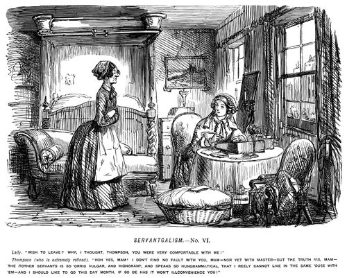 Servant girl announcing she wishes to leave because the other servants are too unrefined