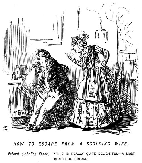 Man escaping from his scolding wife by inhaling ether