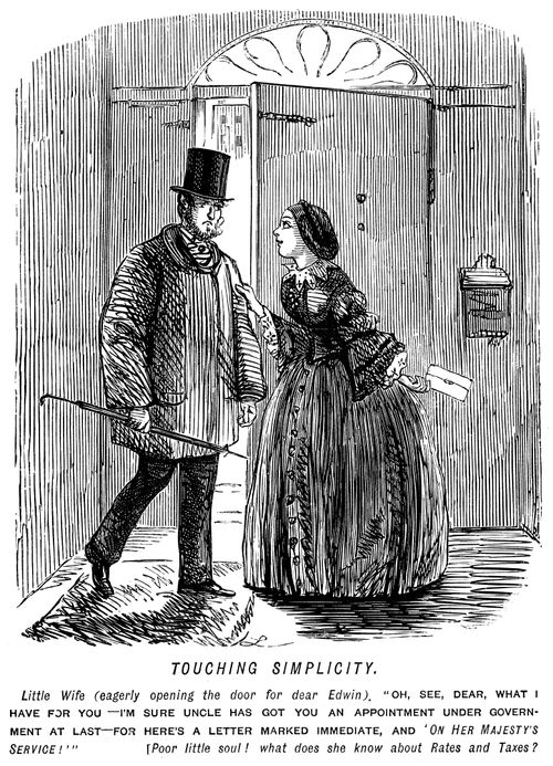 Wife excited about a letter marked 'On Her Majesty's Service', though husband knows it is about taxes.