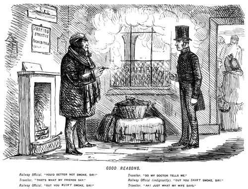 Railway official telling a traveller not to smoke in the waiting room