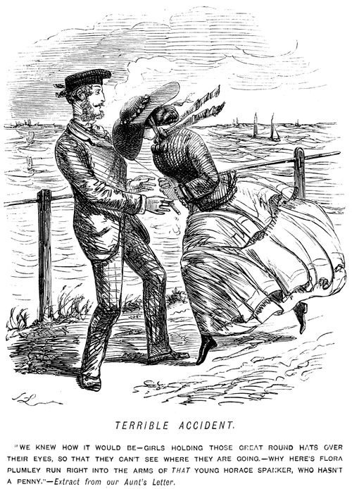 Girl runnininto penniless young man because she has a round hat over her eyes